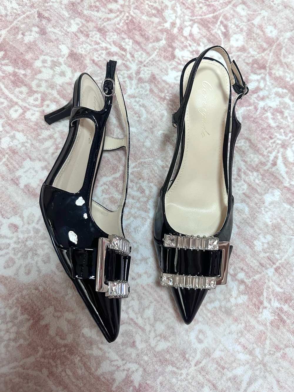 NEW 🖤 Crystal Buckle Patent Leather Slingback Pointed Heels - Picture 1 of 9
